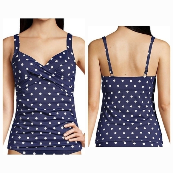 Lands' End Deep Sea Polka Dot V-Neck Wrap Underwire Tankini Swim Top Sz 8 - Picture 3 of 16
